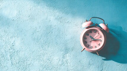 Vintage alarm clock on textured blue surface, minimalist pastel aesthetic with soft shadows.