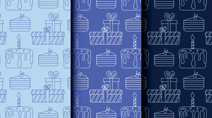 Set of seamless outline patterns for birthday and party themes in blue monochrome. Perfect for wrapping paper, invitations, cards, and festive packaging
