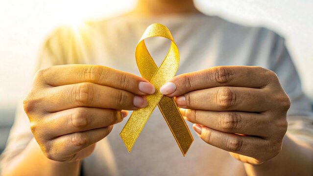 Person holding a yellow awareness ribbon symbolizing support for childhood cancer and suicide prevention

