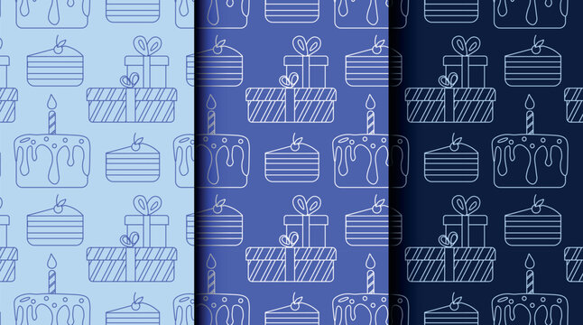 Set of seamless outline patterns for birthday and party themes in blue monochrome. Perfect for wrapping paper, invitations, cards, and festive packaging