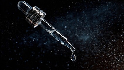 Transparent dropper bottle with liquid, a single drop falling