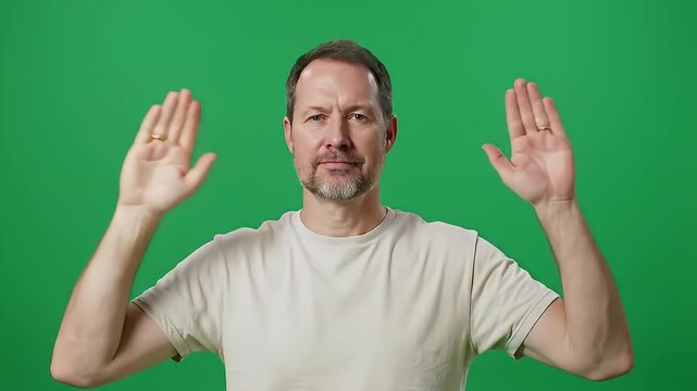 Man raising hands in front of green screen for visual effects
