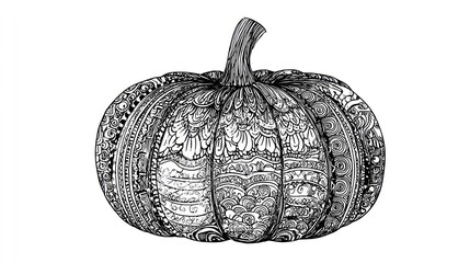 Intricate black and white pumpkin illustration featuring detailed patterns and textures, showing the seasonal gourd