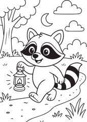 Coloring book raccoon holding a lantern and walking under the night sky.