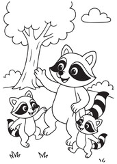 Coloring book raccoon family dance together in nature.