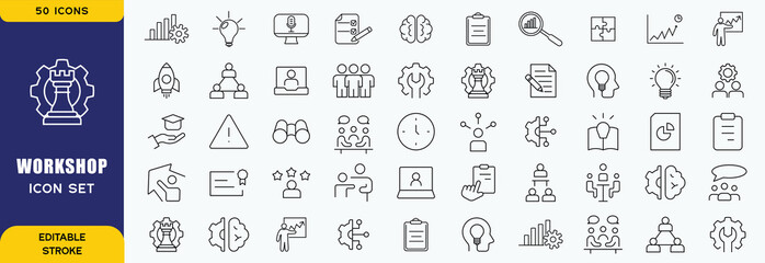 Workshop icon set. Containing team building, collaboration, teamwork, coaching, problem-solving and education icons. vector icon collection