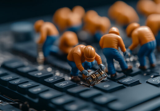 Miniature figures repair a computer keyboard, simulating IT service. Teamwork and precision represented. Macro shot.