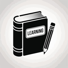 Black and white illustration of an open book with the word learning and a pencil