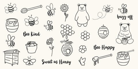 Cute hand drawn honey and bee doodles. Vector line art illustration set. Perfect for kids crafts, labels, greeting cards, nursery decor, and eco friendly packaging.