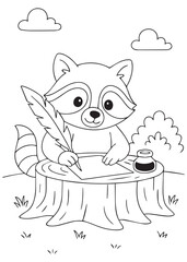 Coloring book raccoon writing with a quill on a tree stump.