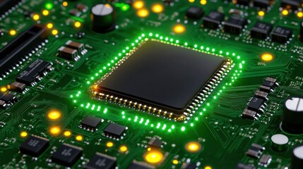 Obraz premium Close-up of a Computer Microchip with Glowing Green LED Lights