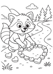 Coloring book raccoon arranging heart-shaped stones.