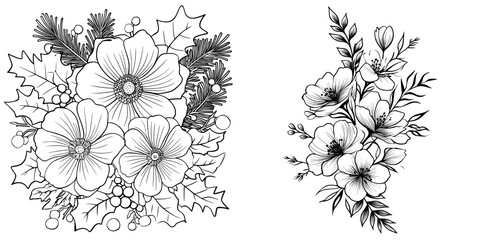 Fototapeta premium A modern line drawing features flowers, including anemone, crocuses, fern, and holly, all rendered in black on a white background