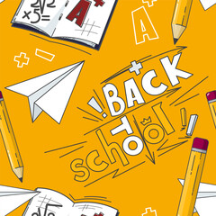Back to school vector seamless pattern. Bright cute children's print. Many big stationeries icons. Pencil notes. Funny cartoon sloppy chalkboard inscription. Kids classroom wallpaper. Notebook cover