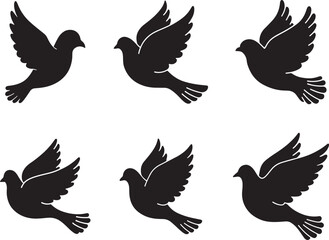 Six silhouette flying doves in flight