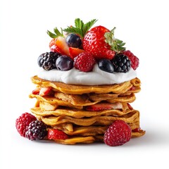 Berry Pancake Stack Illustration  Golden Breakfast Layers with Whipped Cream, Strawberries, and Mixed Berries for Rustic Morning Branding