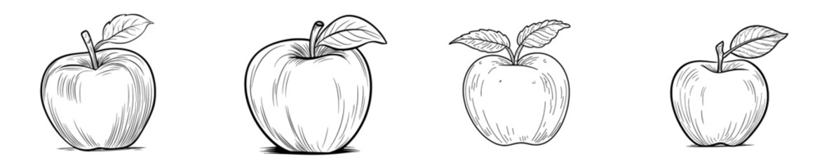 An engraved style apple sketch is isolated on a white background, presented as line art and a hand drawn sketch, reflecting modern drawing techniques