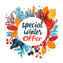 A flat design, vector illustration of a circular frame of winter foliage, with the text "special winter Offer" in the center. icon is perfect for websites and blogs to advertise seasonal promotions