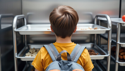 Fototapeta premium Child in school cafeteria line with backpack observing lunch trays and food options with copy space for back to school season; lunchtime choices