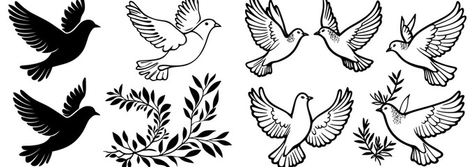The illustration features a dove outline set, created in a modern hand-drawn style with line art and isolated presentation