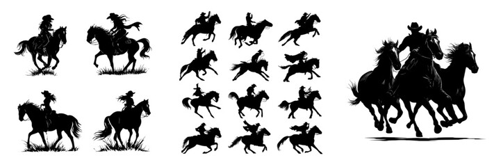 Fototapeta premium A cowboy participated in a rodeo where wild horses were set free, with a modern silhouette of the scene available for design purposes