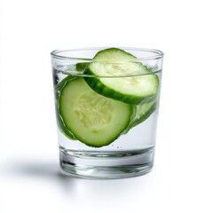 A clean, transparent glass of water with a slice of cucumber, isolated on a pure white background. Refreshment, spa-like.