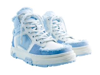 Blue and white high top sneakers isolated on transparent background
