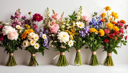 Fototapeta premium Six Vibrant Wildflower Bouquets Arranged in a Row