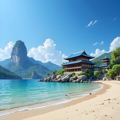 Obraz premium Beach Temple with Blue Tiled Roof: Peaceful Scenery of Emerald Sea and White Sandy Beach
