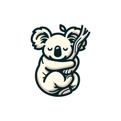 Cute cartoon koala hugging a tree branch, set against a simple white background