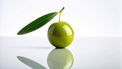 Obraz premium Fresh Green Olive: Single olive with a vibrant green leaf, reflecting on a clean white surface.