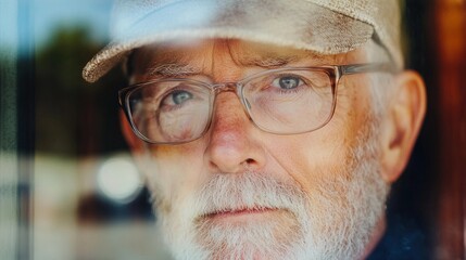 Elderly man gazing thoughtfully through a window in a cozy setting on a sunny day