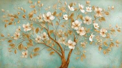A decorative painting of a tree with white flowers and gold leaves on a turquoise background art piece