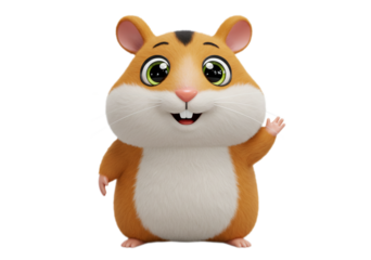 Friendly Brown Hamster Waving with Happy Expression on Transparent Background