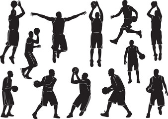 Obraz premium Basketball players silhouettes in various action poses, basketball, player, silhouette, sport, action, game, jump, shoot, dribble, pass, running, jumping, athletic, male, team, competition, dynamic