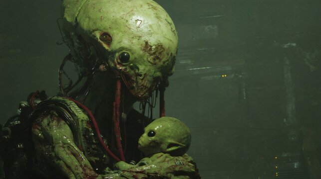 Green alien holding small alien. Creature from another planet, extraterrestrial being. AI generated image for sci-fi and robotics.