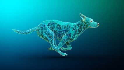 Geometric canine running with glowing blue and green polygonal structure speed motion