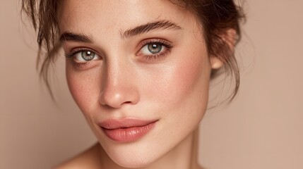 Striking close-up of a beautiful young woman showcasing flawless skin and captivating green eyes