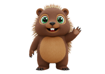 Cute Brown Cartoon Hedgehog Waving on Transparent Background