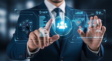 Futuristic business interface with global reach and data analytics