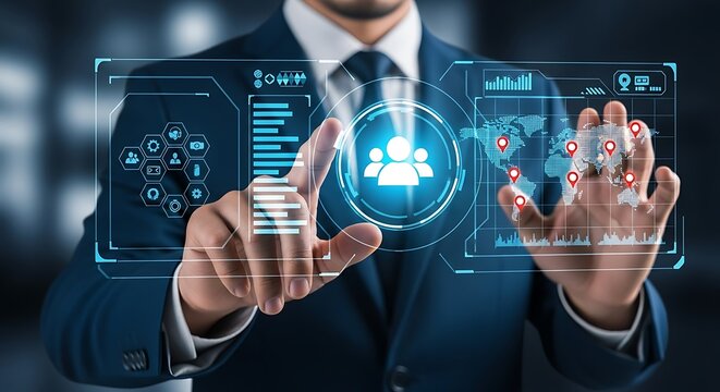 Futuristic business interface with global reach and data analytics - Powered by Adobe