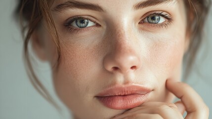 Radiant Beauty: Close-Up Portrait of a Woman with Flawless Skin and Gentle Touch