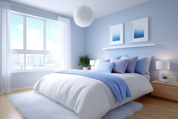 Cozy bedroom interior with soft blue tones, large window, and stylish decor elements for relaxation