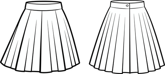 Cad drawing flat vector illustration, pleated skirt design, flared silhouette, button waistband, front seam, fashion sketch, garment construction, apparel template**