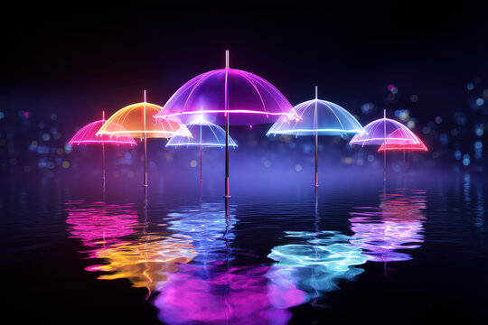 Colorful neon umbrellas illuminated at night reflecting on water surface in a vibrant urban setting