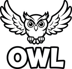 Obraz premium Cartoon owl with wings spread above bold text bird flying