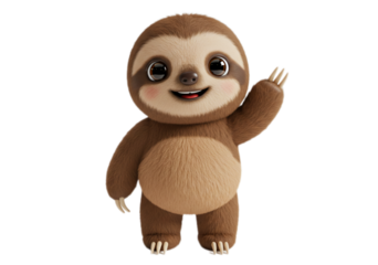 Cute Animated Sloth Waving on Transparent Background