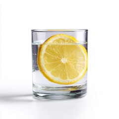 A clean, transparent glass of water with a slice of lemon, isolated on a pure white background. Detox, purity.