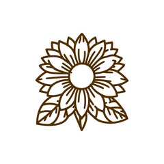 Intricate line art of a sunflower with leaves, suitable for nature-themed designs or crafts
