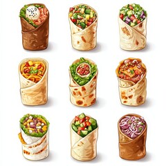 Set of burritos mexican food with different toppings, isolated on white background